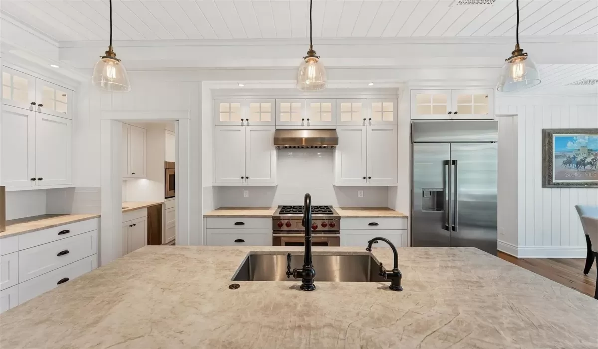 Beautiful Taj Mahal Leathered Quartzite countertops.